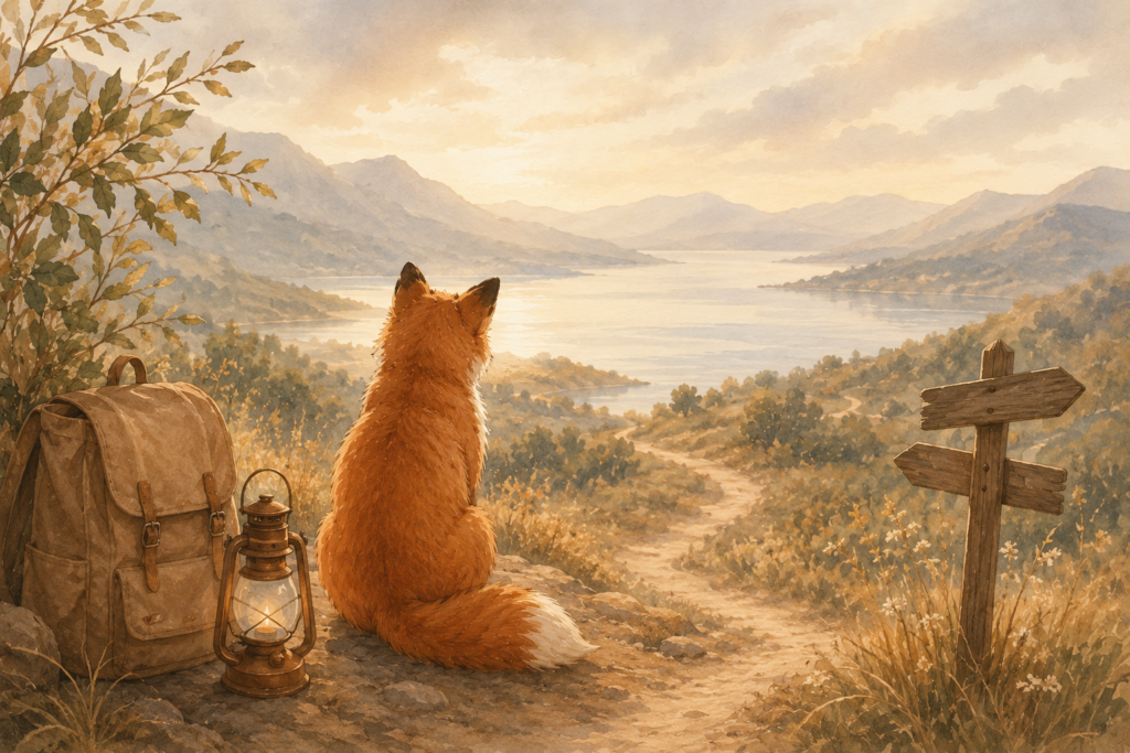 Renard observant un chemin de voyage devant un paysage apaisant, symbole du premier pas lorsqu'on souhaite voyager sans compagnon.