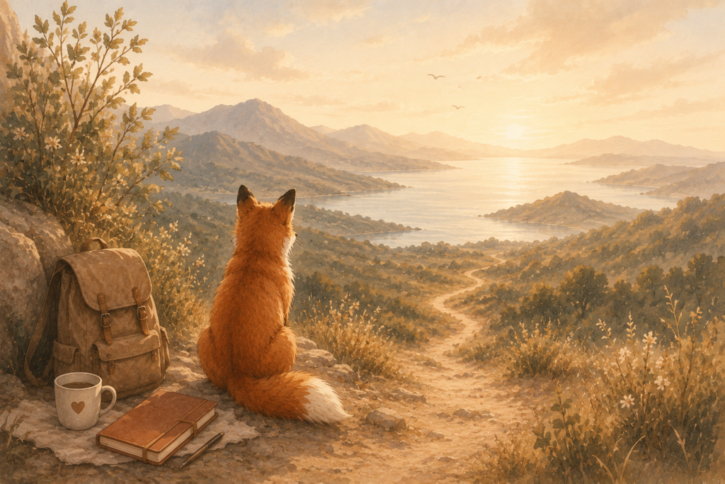 Renard observant un chemin lumineux menant vers un paysage paisible, symbole du voyage intérieur et de la confiance nécessaire pour oser partir.