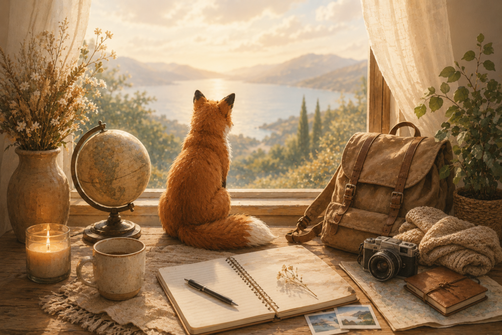 Renard contemplant un paysage de voyage depuis une fenêtre, entouré d'un carnet, d'une carte et d'objets de préparation, symbole de la préparation émotionnelle avant un départ.