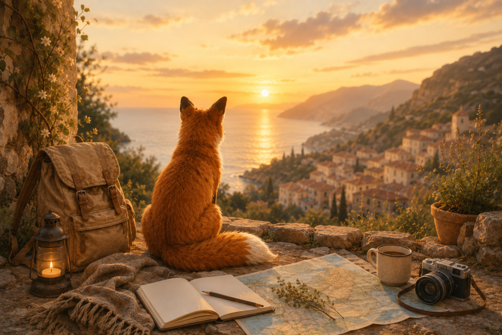 Renard contemplant un coucher de soleil sur une destination de rêve, symbole d'un voyage longtemps imaginé qui peut enfin devenir réalité.