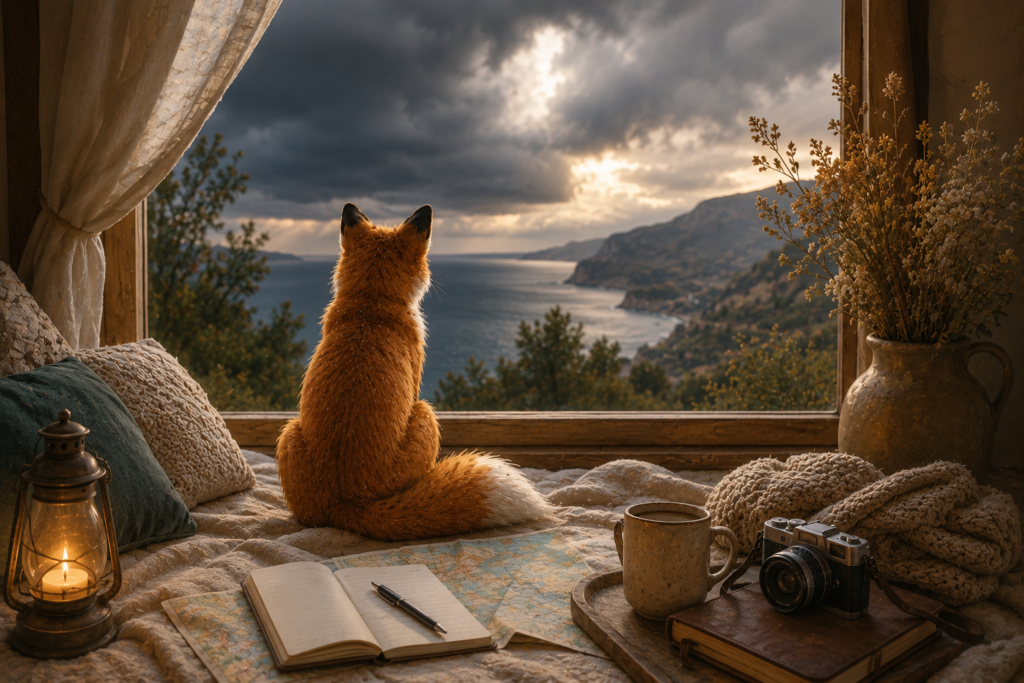 Renard observant un paysage sous un ciel orageux depuis une fenêtre chaleureuse, symbole des pensées anxieuses avant un voyage et de l'espoir qui perce malgré les nuages.