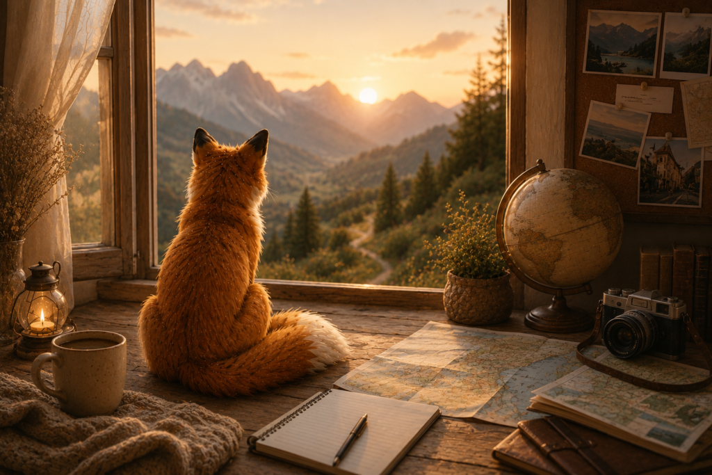 Renard contemplant un paysage de montagne depuis une fenêtre chaleureuse, entouré d'une carte, d'un carnet et d'objets de voyage, symbole d'un rêve qui attend de devenir un projet.