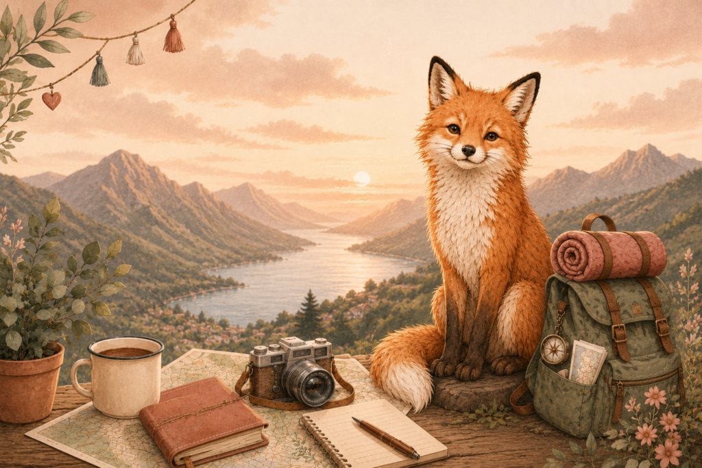 Renard voyageur avec sac à dos contemplant un paysage de montagne lors d'un premier voyage solo, illustration sur la confiance et la préparation avant le départ.