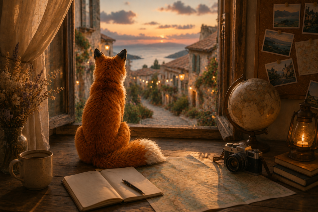 Renard contemplant une ruelle chaleureuse menant vers l'horizon au coucher du soleil, symbole d'un rêve de voyage qui attend de devenir réalité.